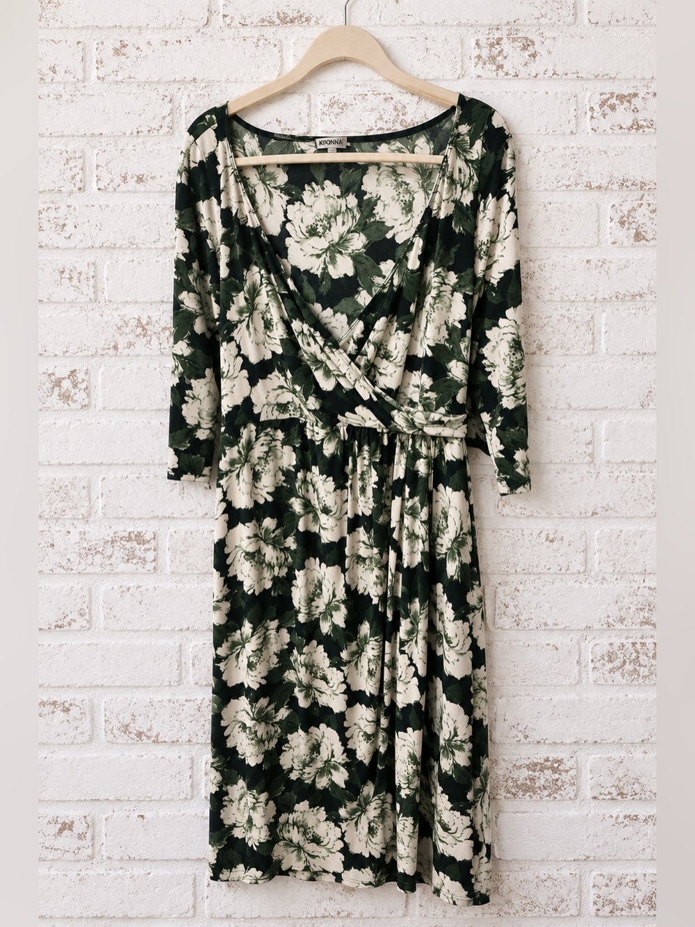 Kiyonna 2X Green Ivory Floral Faux Wrap Midi Dress Plus Size Romantic Autumn - Picture 2 of 6